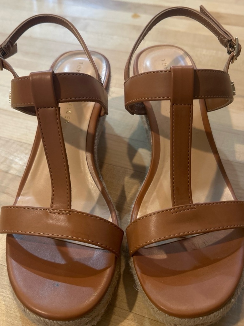 Tommy Hilfiger Tan T‑Strap Espadrille Wedge Sandals